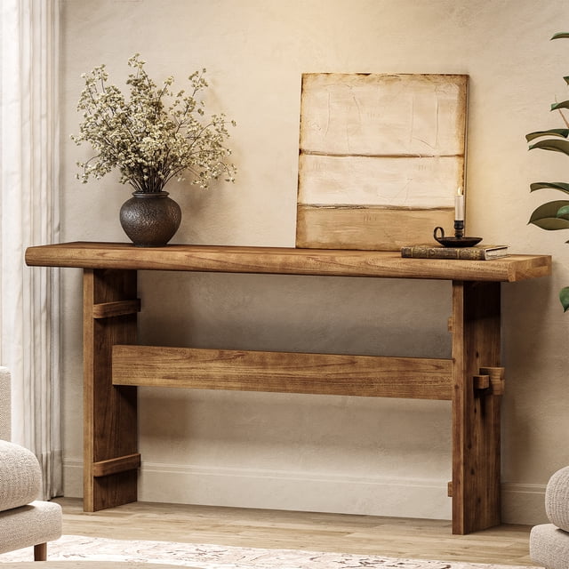 TRIBEWOOD 63-inch Solid Wood Console Table for Entryway, Long Farmhouse Sofa Console Behind Couch, Narrow Long Foyer Table, Rustic Brown
