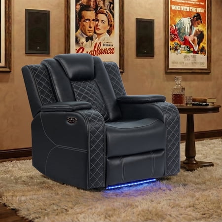 EBELLO Dual Motor Power Reclining Chair, PU Leather Home Theater Reclining Chair with Adjustable Headrest, Storage, USB Ports and LED Strip, Black