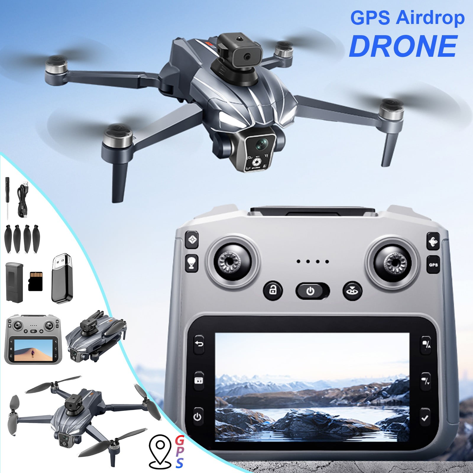 Drone with Camera, GPS RC Quadcopter with 4.5-Inch Screen Remote Control, 2K FPV, 20 Min Flight, Air Drop Function for Beginners and Adults
