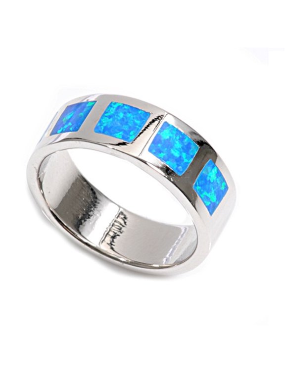 Quad Stones Blue Simulated Opal Ring Sterling Silver Size 7