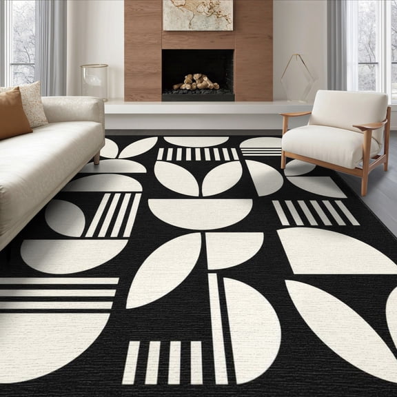 ODIKA 8'x10' Washable Area Rug Non-Shedding, Easy Care, Black White Geometric Leaf and Stripe Design Elegant Contrast with Abstract Botanical for King Size Bedroom Under Bed, Master Suite