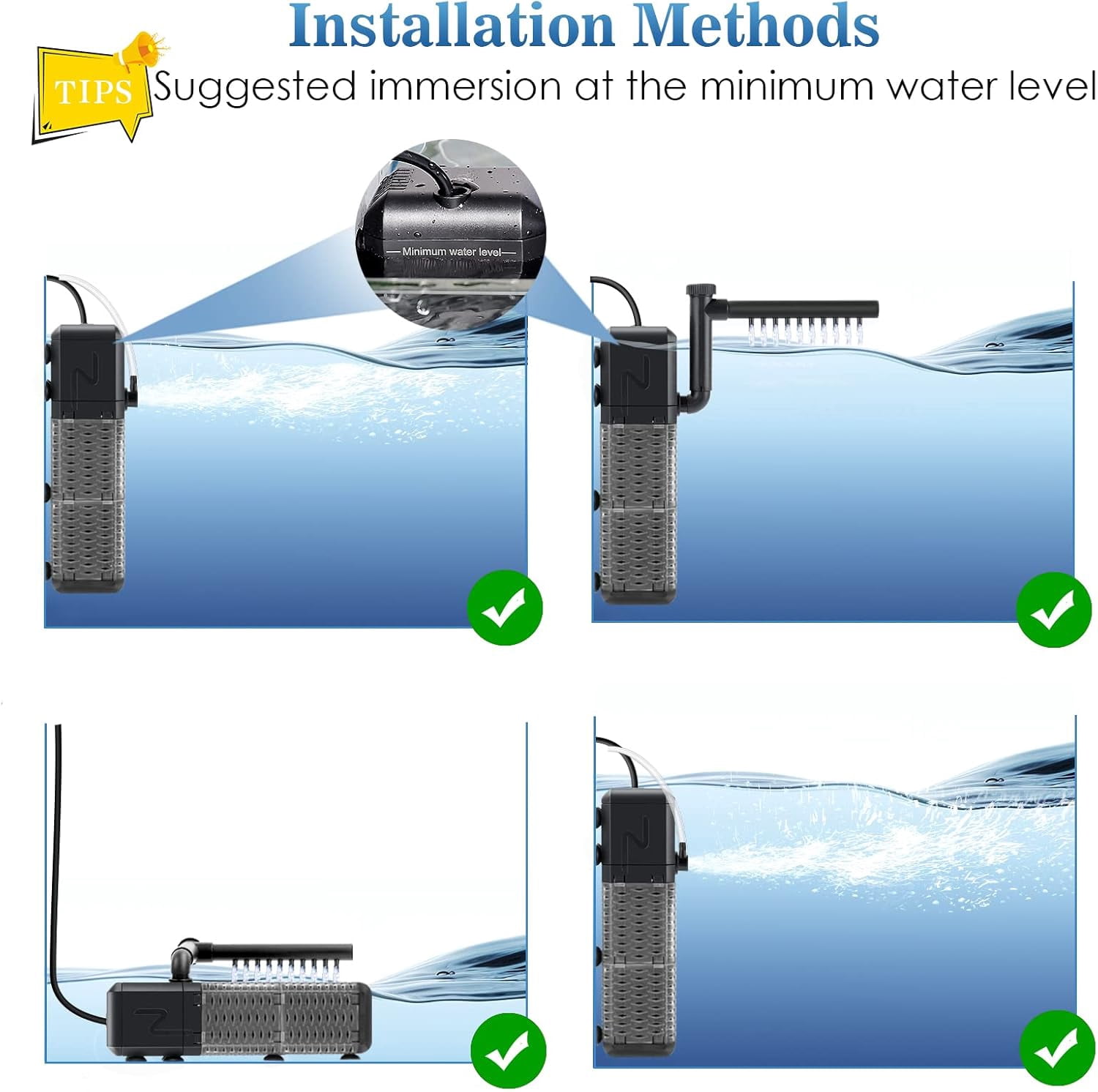 Aquarium Filter for 30-70 Gallons, Fish Tank Filter with Filtration, Oxygenation, Circulation, Adjustable WaterFlow, Submersible Fish Tank Filters with Circulation System for Fresh/Saltwater Tank