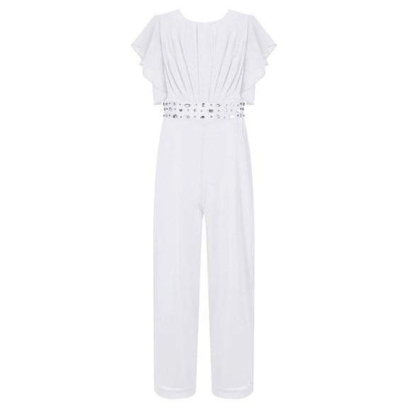 CHICTRY Girls Chiffon Cascading Ruffle Long Jumpsuit Zippered Wide Leg Romper Birthday Pageant Outfit Ivory 14