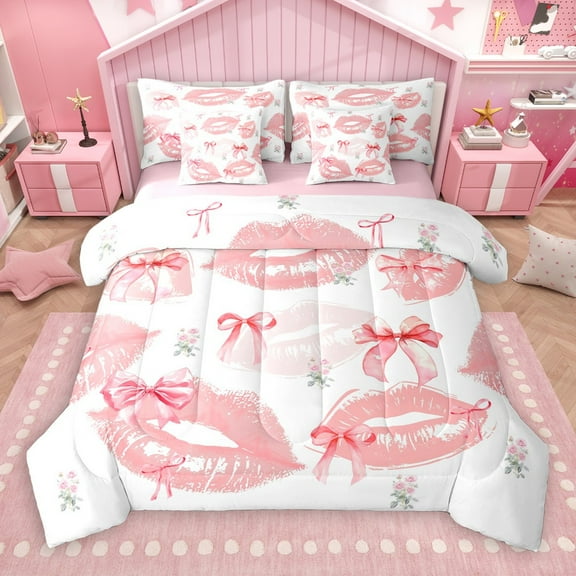 Castle Fairy Kawaii Pink Bowknot 7-Piece Twin Bedding Sets for Teens Girls Women,Floral Rose Bedding Comforter Set,Dreamy Princess Breathable Sheet Sets,Breathable Home Decor