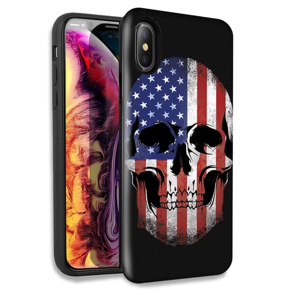 Mundaze American USA Flag Skull Double Layer Hybrid Case Cover For Apple iPhone XS Max