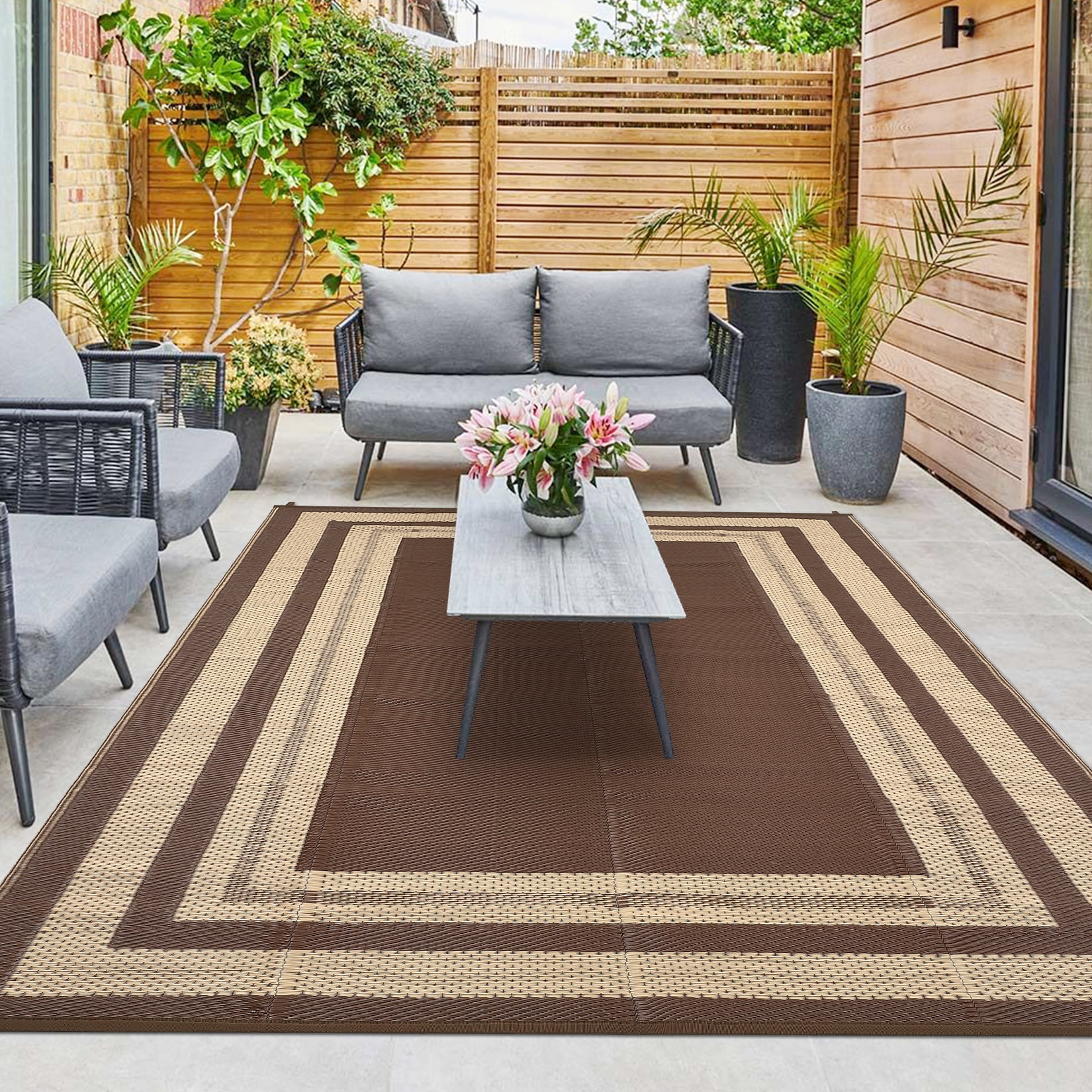 Gavee 9'x12' Waterproof Outdoor Rug, Reversible Patio Area Rug Indoor Outdoor Carpet, Plastic Modern Geometric Carpet for RV Camping Deck Balcony, Porch, Picnic, with Storage Bag, Brown
