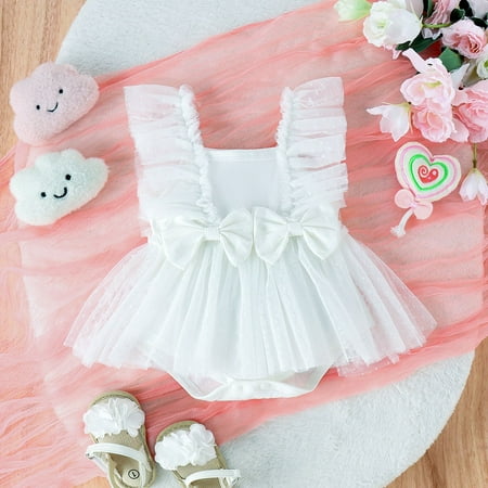 

LRJTENG Girls Romper & Jumpsuit Summer Baby Tulle Dress Square Collar Net Flying Sleeve Bow Skirt Can Open Open Female Baby Kids Bodysuit White 18M