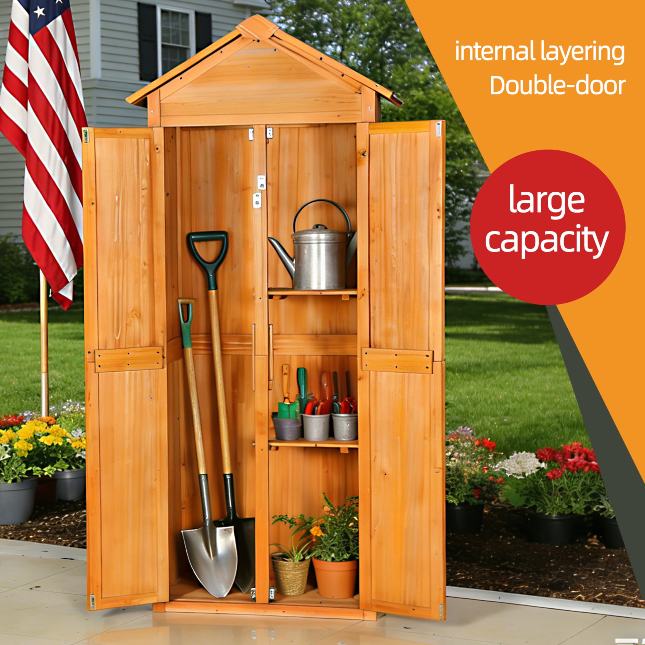 Noble House 27" Outdoor Storage Shed, Vertical Wooden Tool Cabinet with Lockable Doors for Patio, Garden, Brown