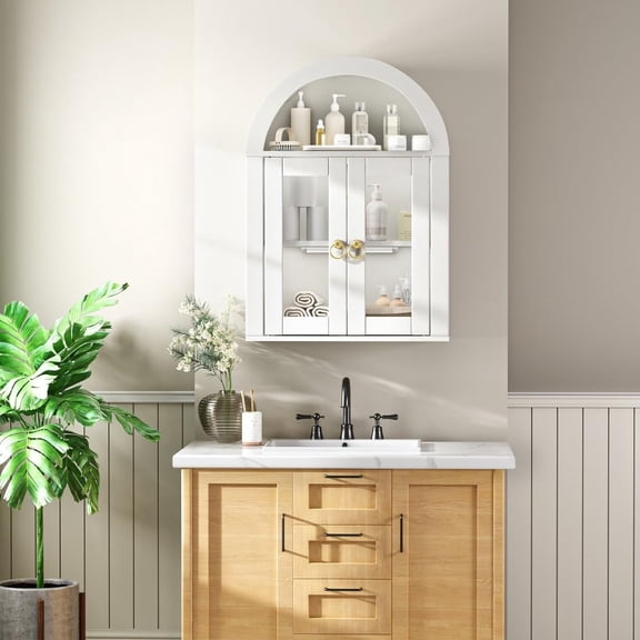 LJAN Wall Mounted Arched Cabinet with Glass Doors and Light, Wall Mounted Arched Cabinet with Adjustable Shelves for Bathroom Kitchen Laundry Storage