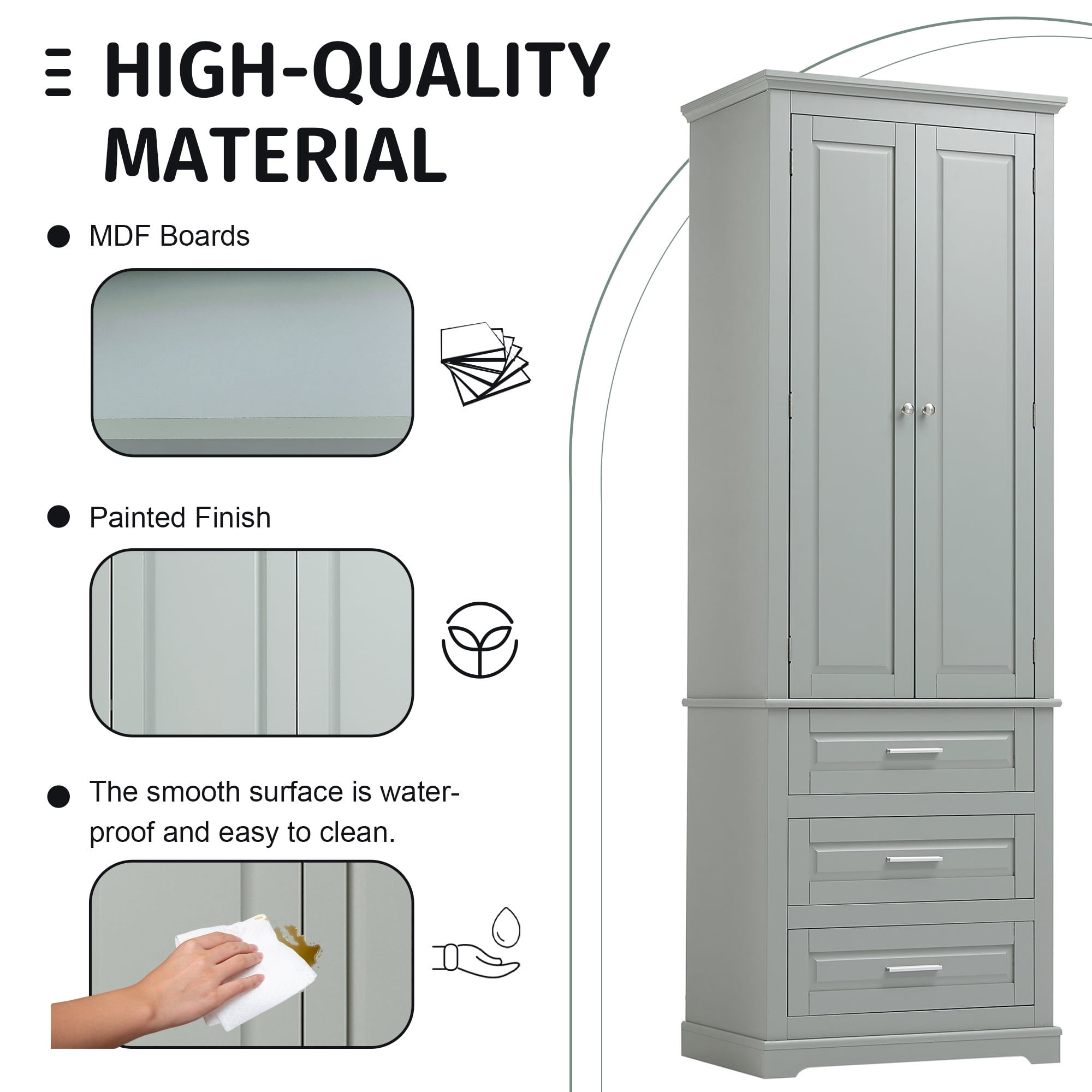 Harper & Bright Designs Tall Bathroom Storage Cabinet with Drawers and Doors, Modern Bathroom Floor Storage Cabinet with Shelf, Gray