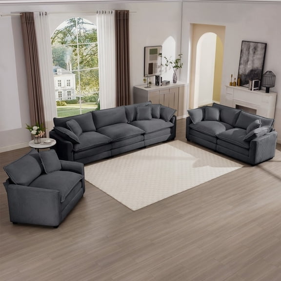 Oversized Grey Corduroy 3-Piece Sectional Sofa for Living Rooms