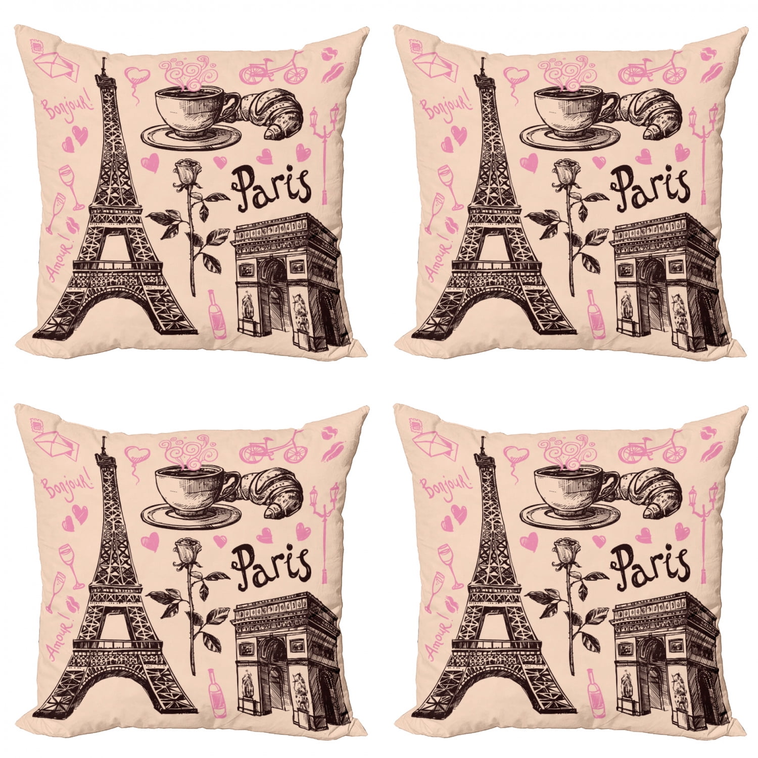 Ambesonne Eiffel Tower Cushion Cover Set of 4 for Couch and Bed in 4 Sizes 