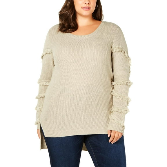 One A Womens Plus Knit Fringe Tunic Sweater