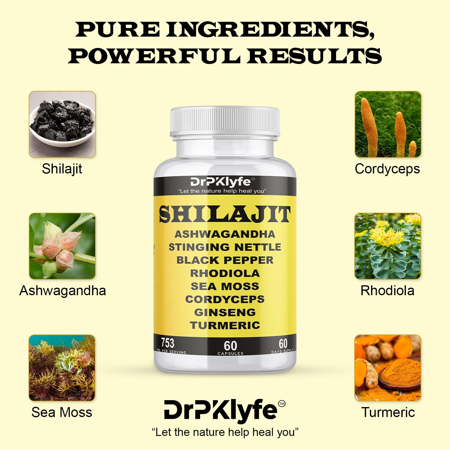 DrPKlyfe's Shilajit Complex with Rhodiola-Sea Moss-Cordyceps-Ginseng-Turmeric- 60 Capsules