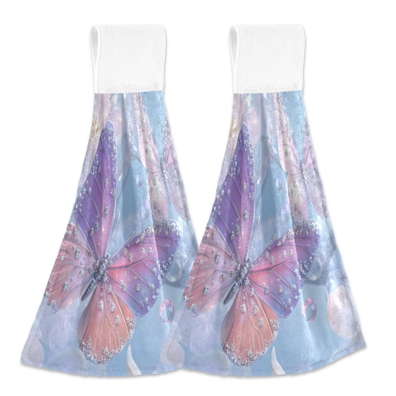 BZSMCE Hanging Hand Towels Fashion Aqua Sparkle Butterfly Pattern 2-Pack - Velcro Style Bathroom Kitchen Towels