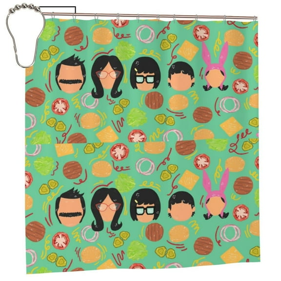 Cartoon Bob's Burgers Shower Curtain Cute Anime Shower Curtain Polyester Fabric Bathroom Decor Curtain Set with Hooks 72In
