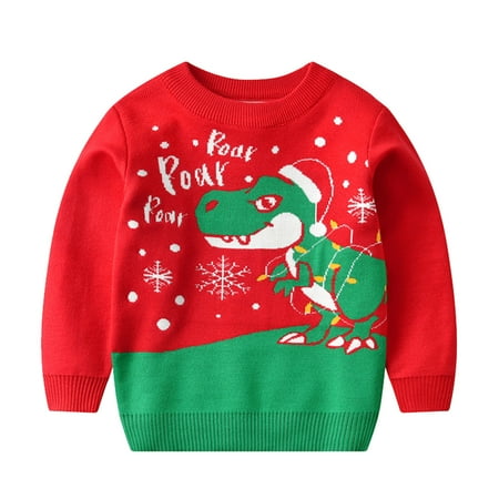

Generic Boys Knitted Outwear for Baby Toddler Boys Girls Christmas Cartoon Dinosaur Santa Prints Sweater Long Sleeve Warm Knitted Pullover Knitwear Xmas Tops