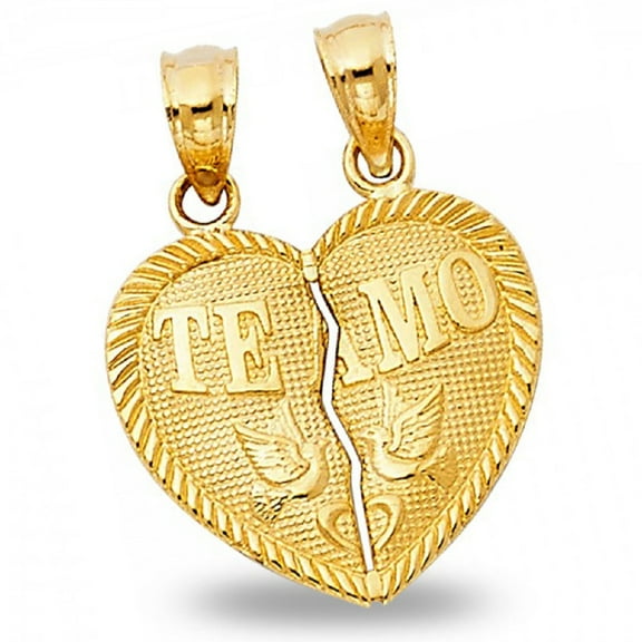 Heart Te Amo Pendant Solid 14k Yellow Gold Breakable Love Charm 2 Piece Diamond Cut Style 17 x 15 mm