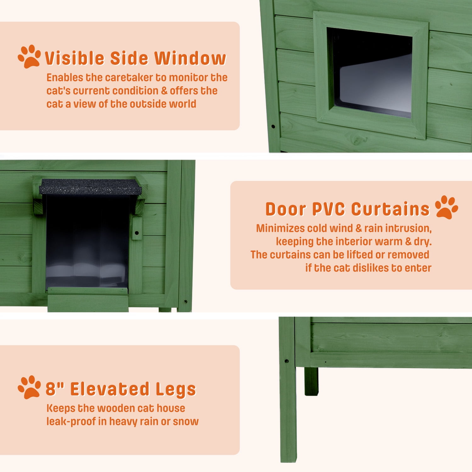 Outdoor Cat House Insulated for Multiple Cats, Weatherproof Large Wooden Pet House, Feral Cat Shelter, Foldable Ladder and Acrylic Side Window, Dark Green