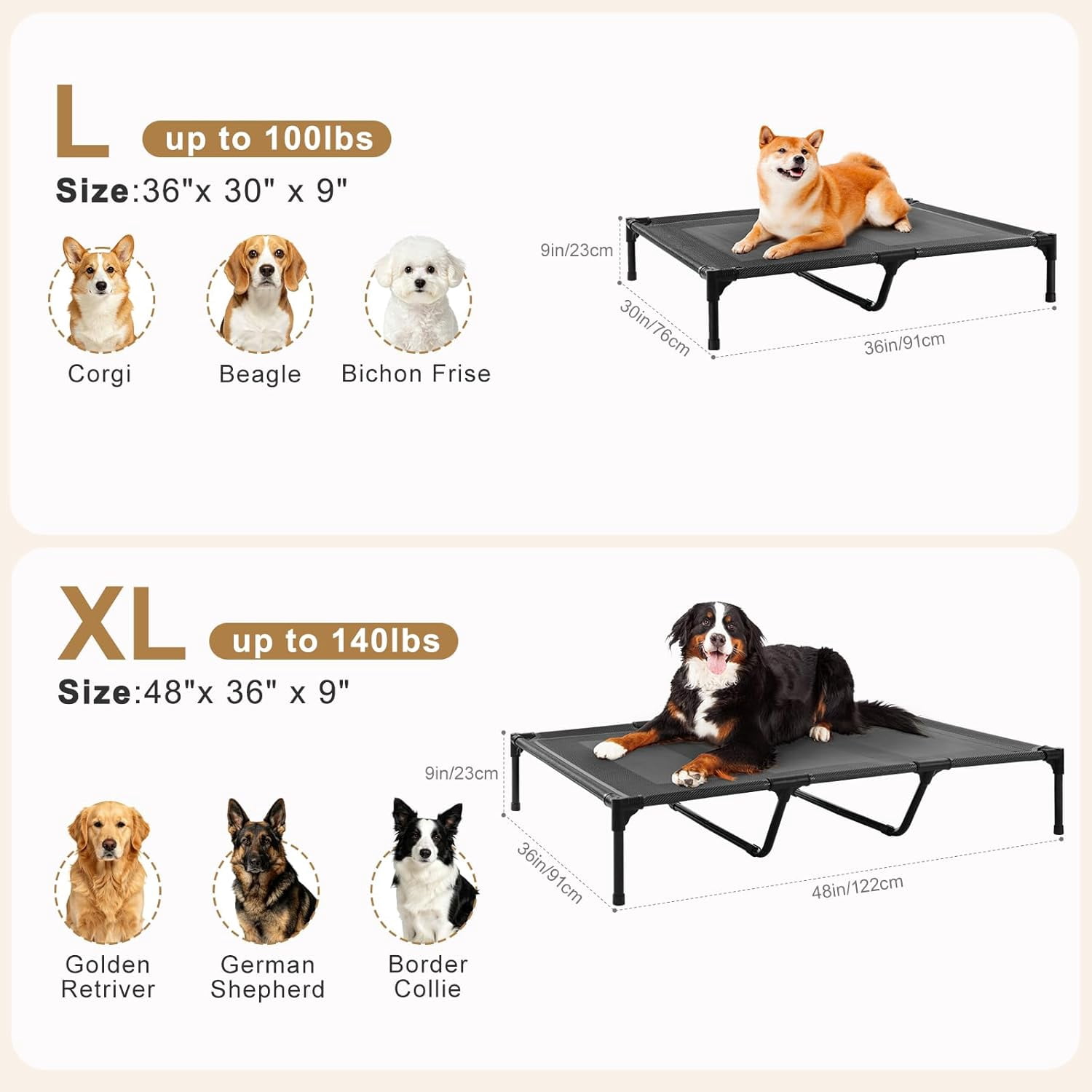 XL Cooling Elevated Dog Bed, Heavy Duty Anti-Sag Outdoor Dog Cot for Camping, Breathable & Waterproof Raised Dog Bed with Sturdy Center Support Bars, 48x36 Inches, Blue