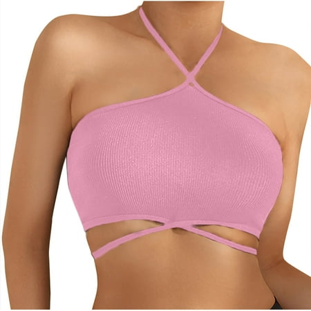Kaemgyyd Halter Bra for Women Wireless Seamless Padded Backless Bralette Solid Color Ribbed Hollow out Everyday Bra