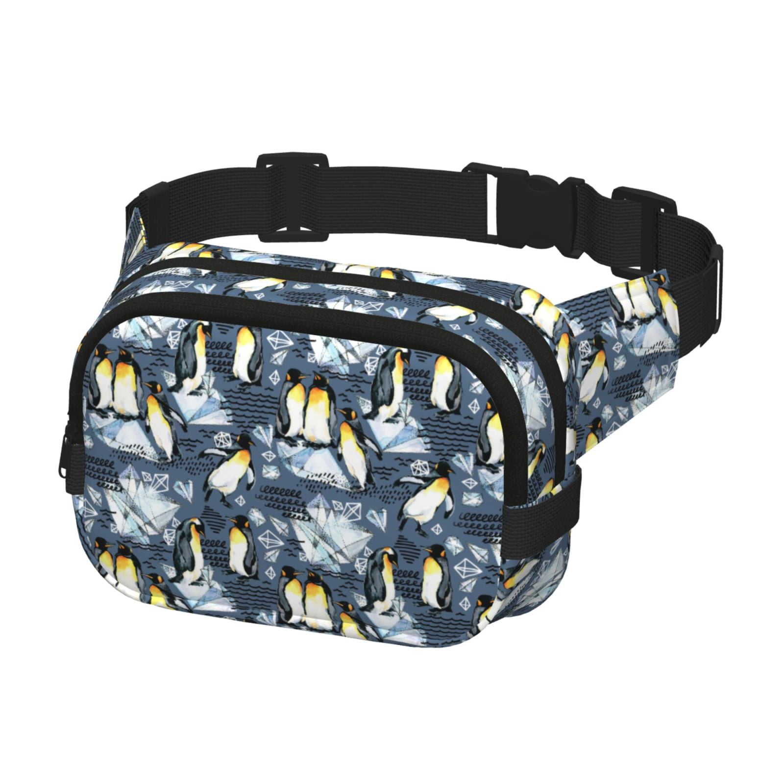 Rateoe Penguin Arctic Adventure Print Fanny Pack Belt Bag for Women and Men, Square Double-Layer Waterproof Waist Pack with Adjustable Strap for Hiking, Jogging, Cycling