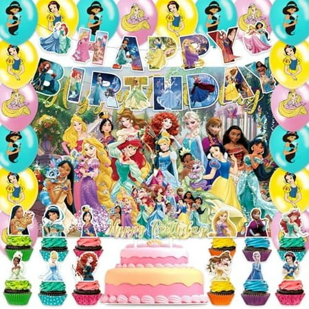 42pcs Princess Party Plates Supplies Pack Includes，Banner，Cake Topper，Blackdrop,Balloons for Princess party decoration$$Home Decor, Kitchen, & Other
