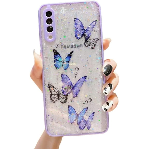 Creative Shiny Butterfly Phone Case for Samsung Galaxy S22 Ultra S21 Plus S20 FE A22 A13 A42 A53 5G, Clear Precision Hole Back Cover(Purple,A42 5G)