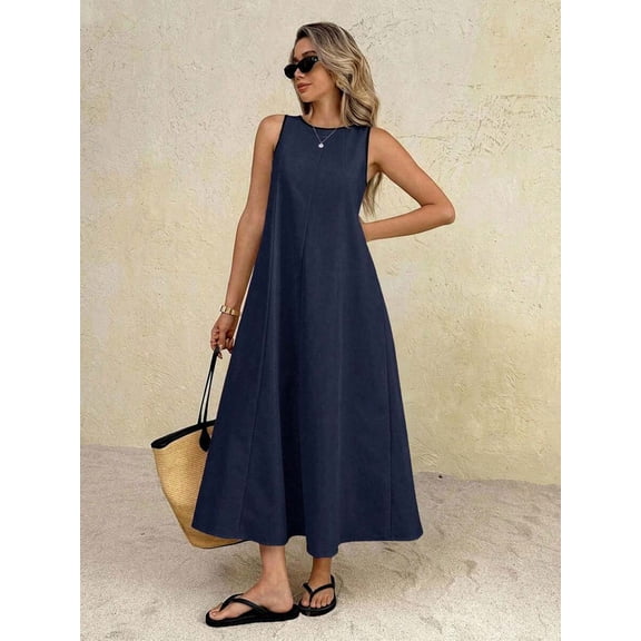 Navy Blue Solid Round Neck Sleeveless Loose A-Line Maxi Dress For Women