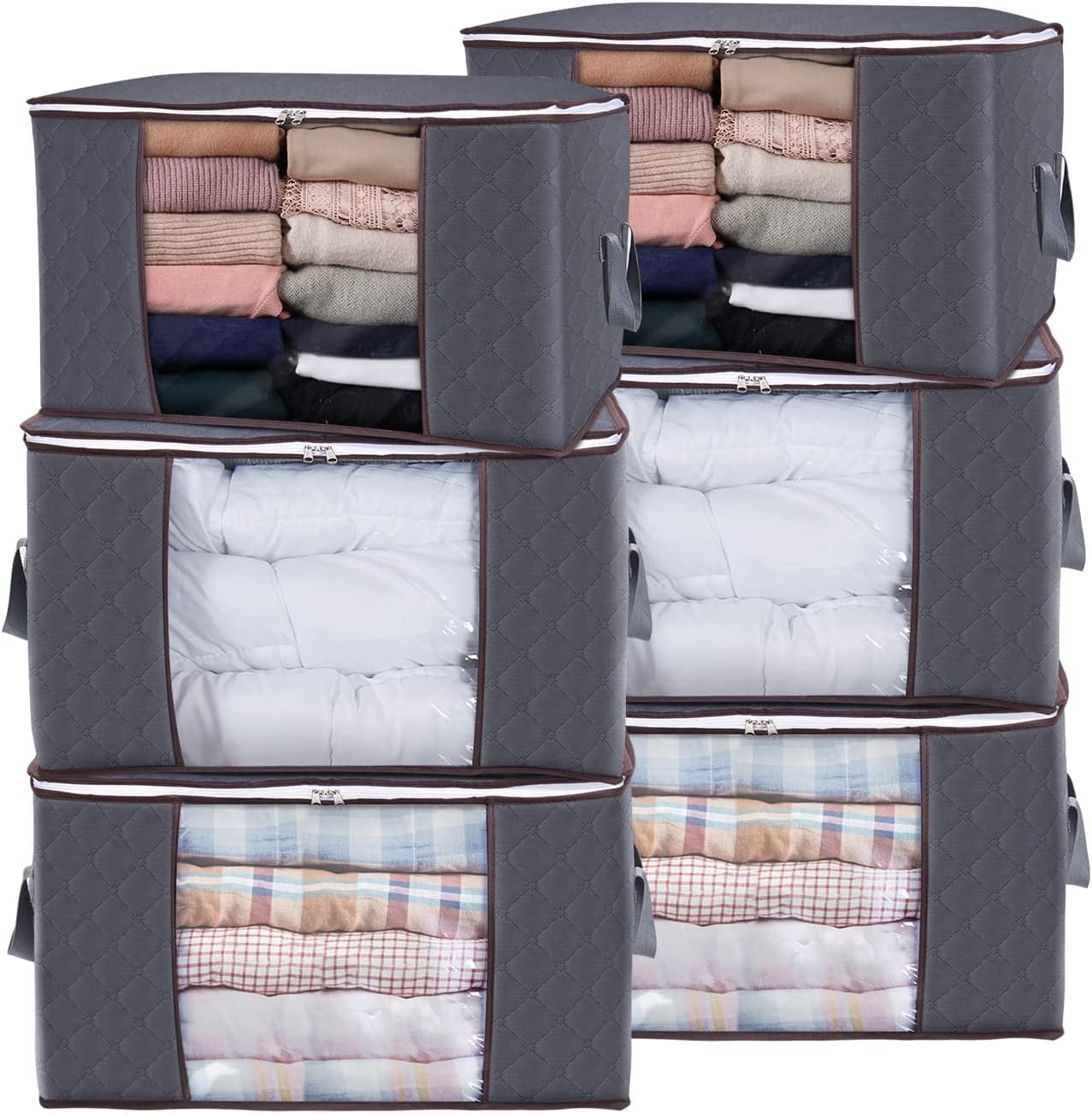 Lifewit Large Capacity Clothes Storage Bag Organizer with Reinforced Handle Thick Fabric for Comforters, Blankets, Bedding, Foldable with Sturdy Zipper, Clear Window, 6 Pack, 90L, Grey