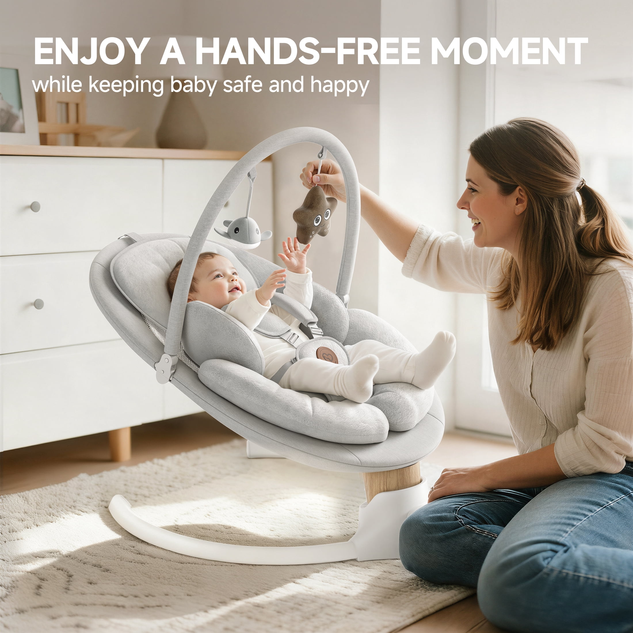Babyomi Portable Baby Swings for Infants to Toddler, Electric Swing with Music Speaker, 3 Seat Positions , 5 Speeds, and Remote Control - Infant Swing for Indoor and Outdoor, Grey