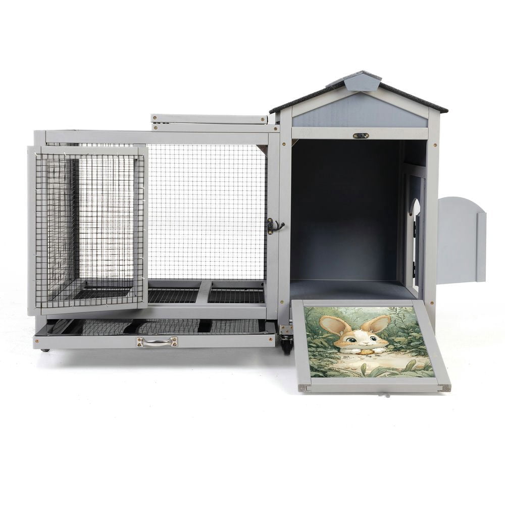Resenkos Wooden Hutch, Weatherproof Pet Home With Wheels, Removable Tray, Rabbit, Duck, Squirrel, Guinea Pig Cage, Gray With Colorful Patterns