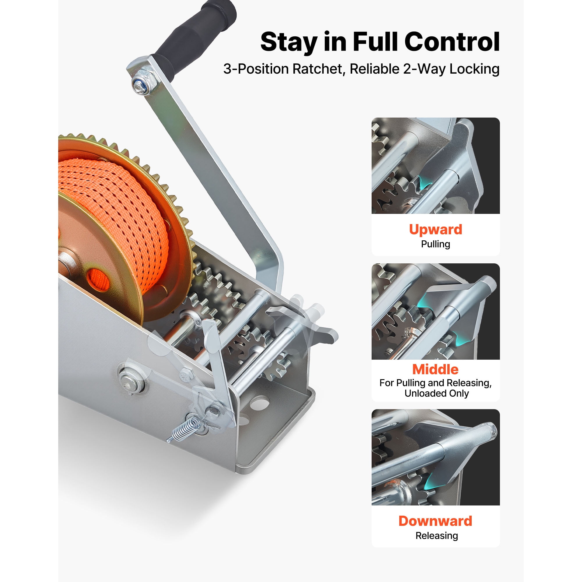 KFFKFF 3500 lbs Manual Boat Winch with 20ft Orange Polyester Strap, Two-Way Ratchet, Dual-Speed Option, and Anti-Slip Handle for Towing Boats, Trailers, and ATVs