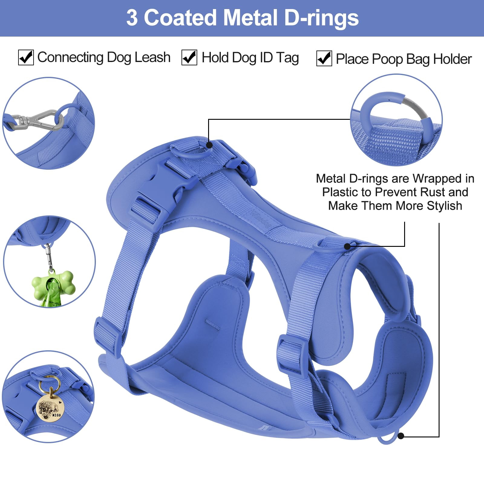 No Pull Lightweight Dog Harness: Adjustable Breathable Pet Vest Harness With Soft & Comfortable Cushion For Small Medium Large Dogs (l  Blue)