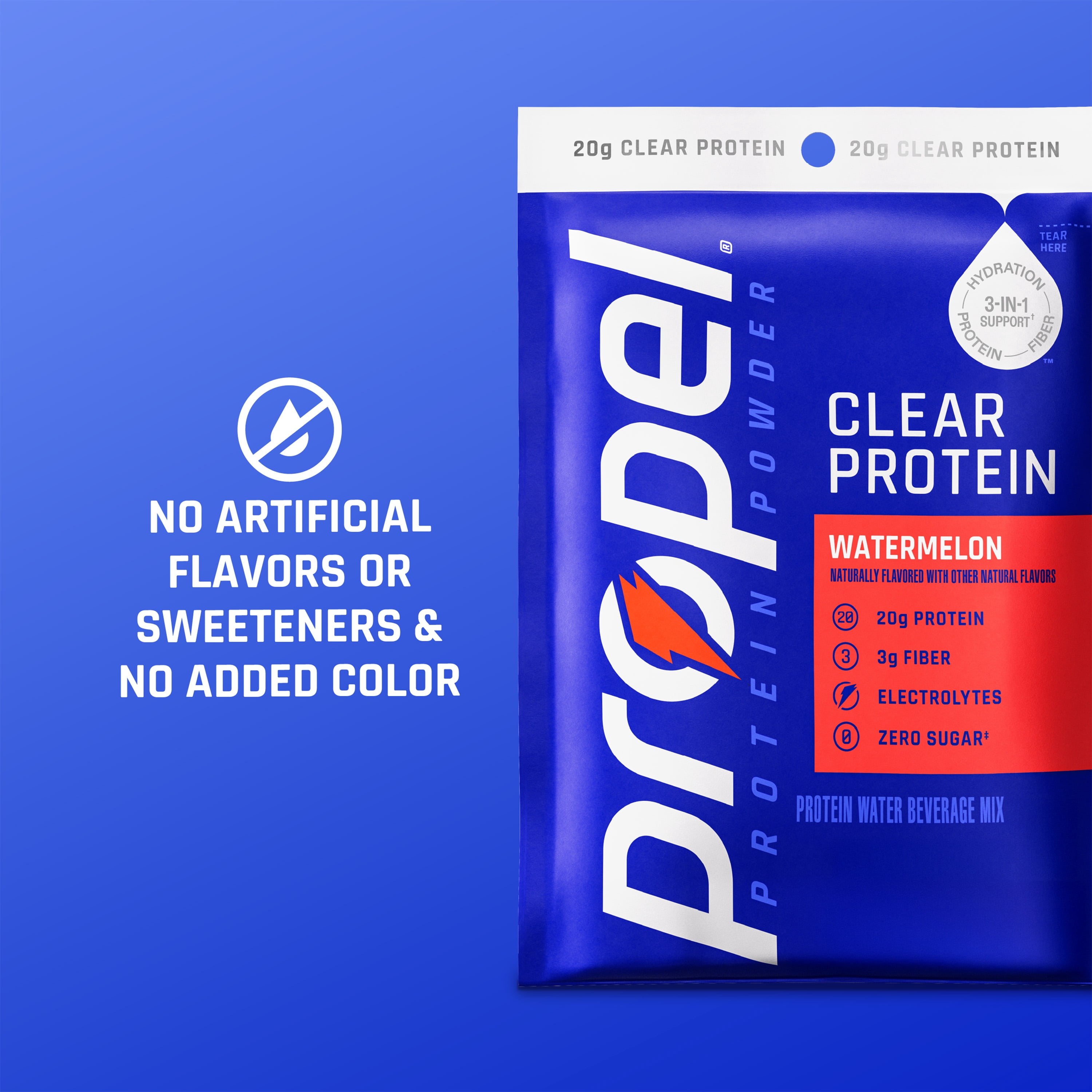 Propel Clear Protein Powder, Watermelon, (5 Servings), 3-in-1 GLP-1 Support: Hydration, 20g Protein, 3g Fiber, Zero Sugar, 90 Calories, No Added Colors, No Artificial Sweeteners or Flavors, 0.98 oz