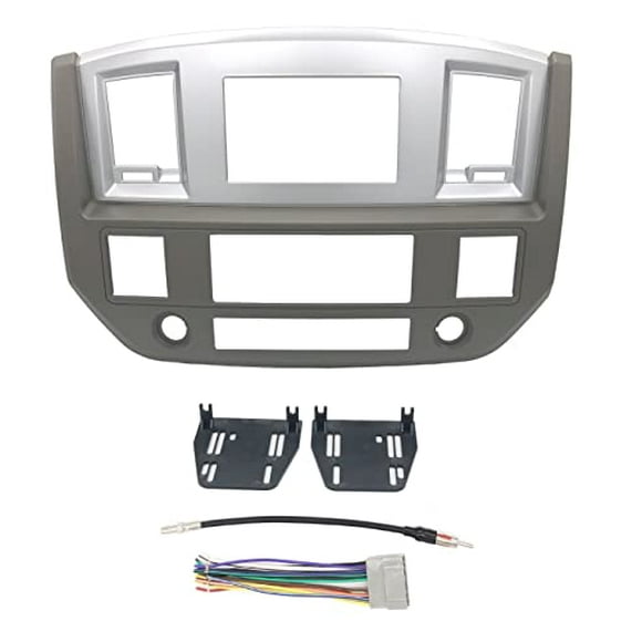Custom Install Parts Khaki w/Silver Double Din Stereo Radio Dash Kit Install Bezel +Wiring Harness+Antenna Adapter Compatible with Dodge Ram 2006-2009(Khaki/Silver Standard Non Canbus Wire Harness)