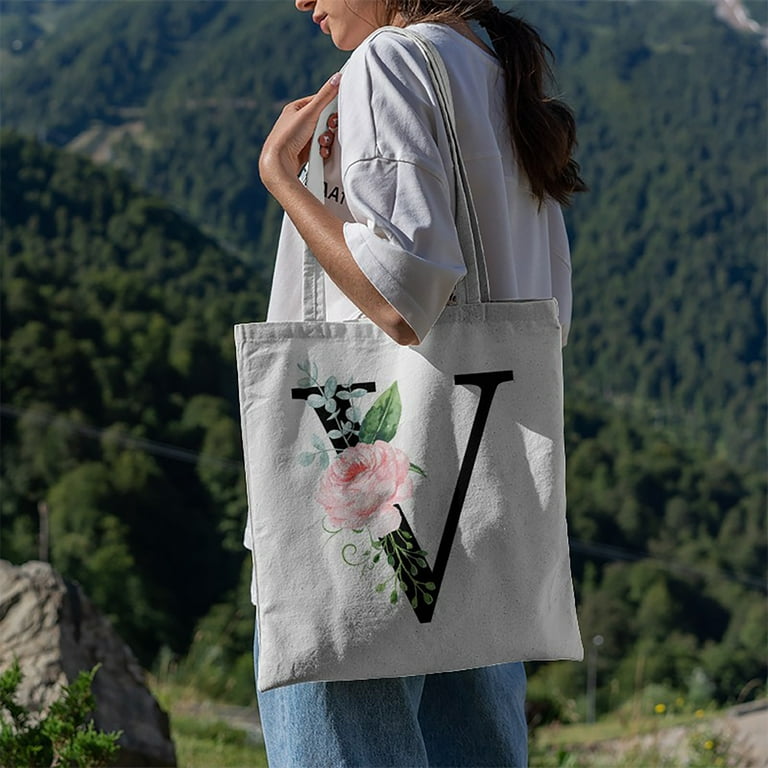 UHEOUN Floral Initial Canvas Tote Bag, Reusable Shopping Bag Personalized  Initial Canvas Beach Bag, Monogrammed Gift Tote Bag for Women Floral Totes