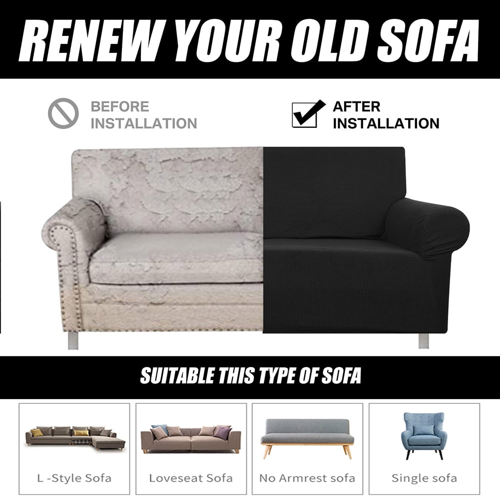 Stretch Sofa Slipcover 1-Piece Sofa Cover Furniture Protector Couch Soft with Elastic Bottom for Kids, Polyester Spandex Jacquard Fabric Small Checks with 1 Pillowcase(4 Seater, Black)
