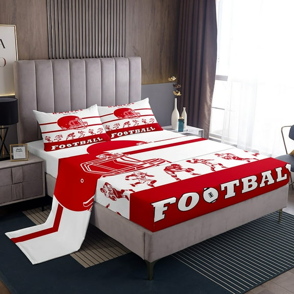 Erosebridal American Football Bed Sheets Set King Size,Football Sheet Set,White Red Sports Sheets,Football City Team Flat Fitted Sheet with 2 Pillowcases Bedroom Decor(Kansas)