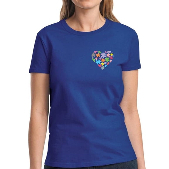 Love Puzzle Women T-Shirt Support Autism Awareness Heart Pocket Graphic Tee