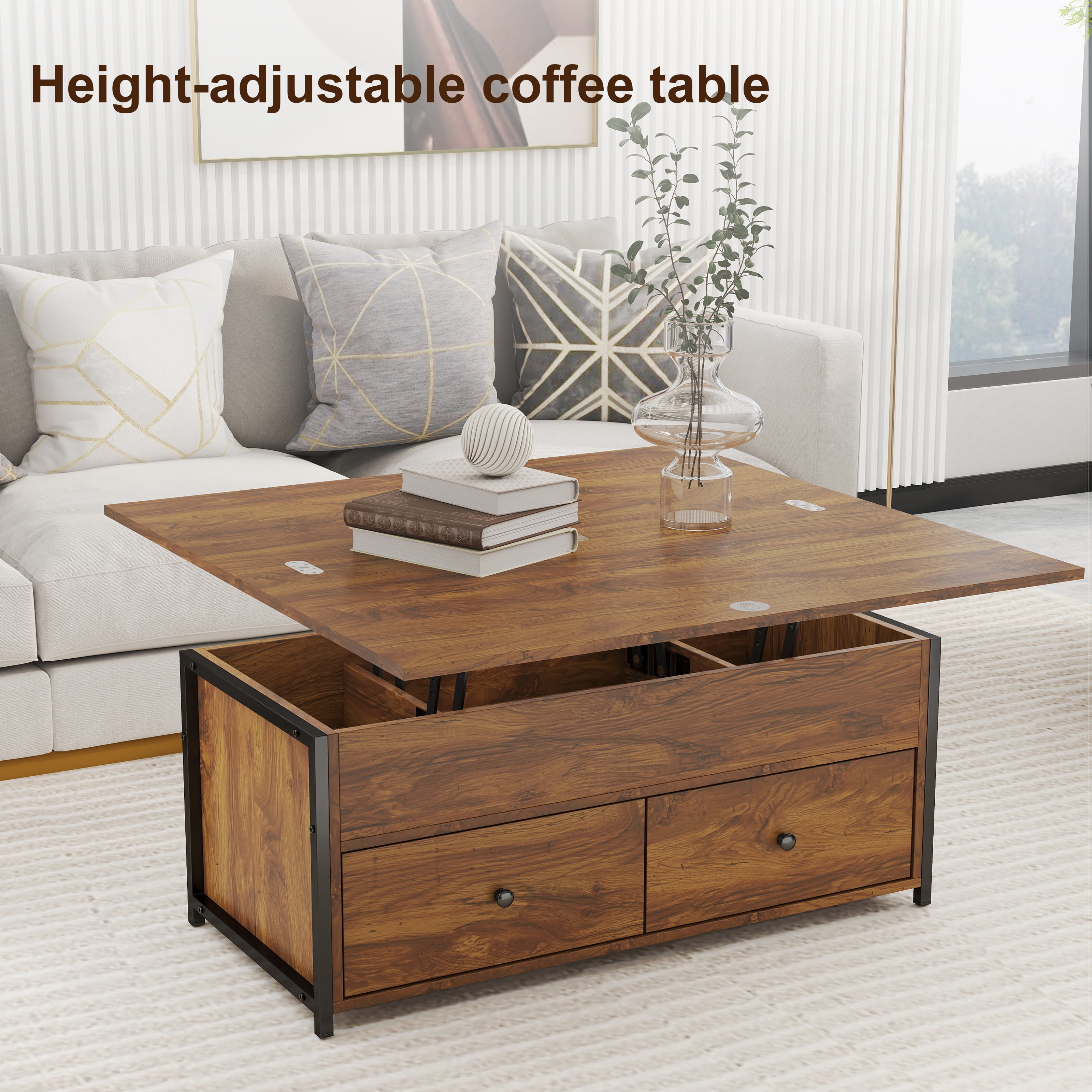 Manora Lift Top Farmhouse Storage Coffee Table with 2 Drawers, Brown