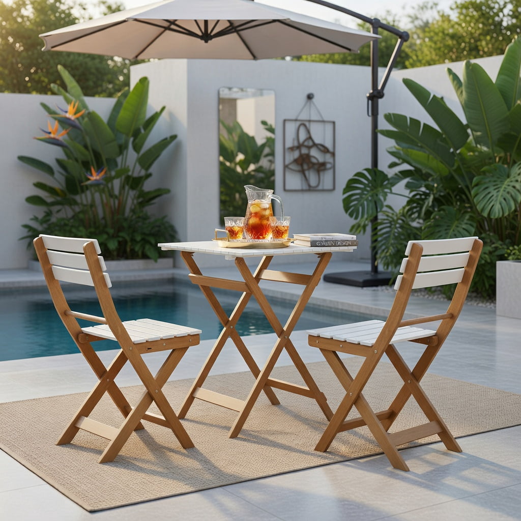 Hommoo 3-Piece Foldable Acacia Wood Patio Bistro Set, Outdoor Chairs + Square Table, Space-Saving Design for Porch, Deck & Garden, Natural