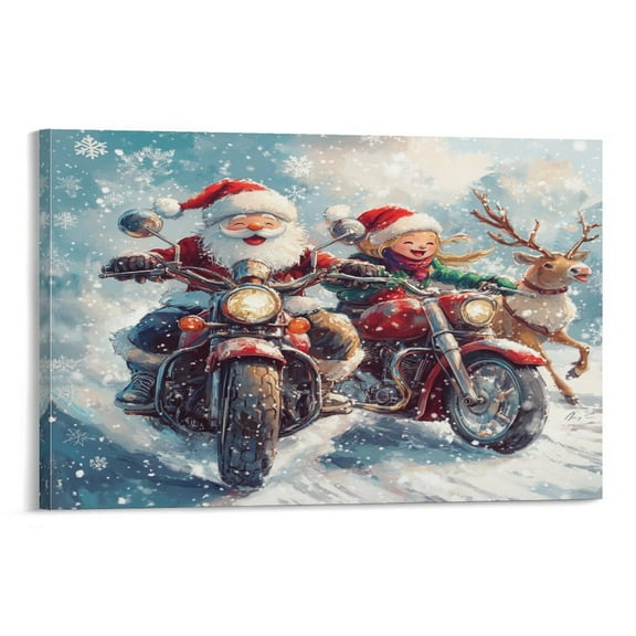 Santa Claus And Reindeer Riding Motorcycle Canvas Pictures Wall Art 08x12inch Canvas Print Santa Claus And Reindeer Riding Motorcycle Wall Art for Bathroom Canvas Wall Art for Bedroom Framed
