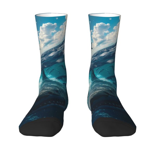 Uemuo Airplane Shark Pattern Women's Crew Socks, Soft Durable Breathable Moisture-Wicking with Odor Control Cotton socks