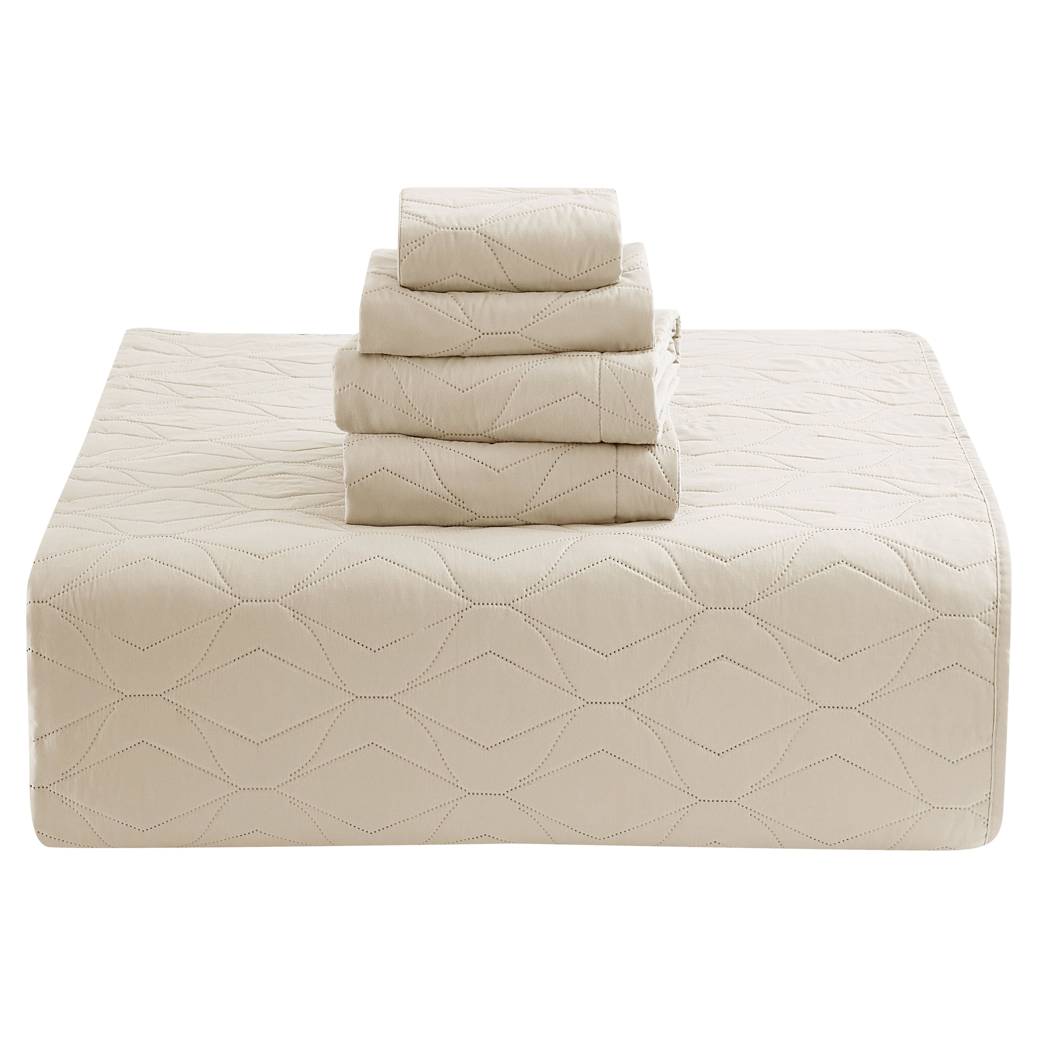 Nestl 5 Piece Quilt Set King with Pillow Shams and Euro Shams, Soft Microfiber Lightweight Bedspread Coverlet, Modern Style Ellipse Weave Bed Cover, Beige Cream