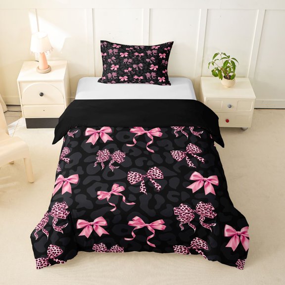 spefrowx Pink Leopard Print Bow Twin Duvet Cover for Girls, Fashion Wildlife Print Twin Bedding, Black Reversible, 2-Piece, 1 Duvet Cover and 1 Pillowcase
