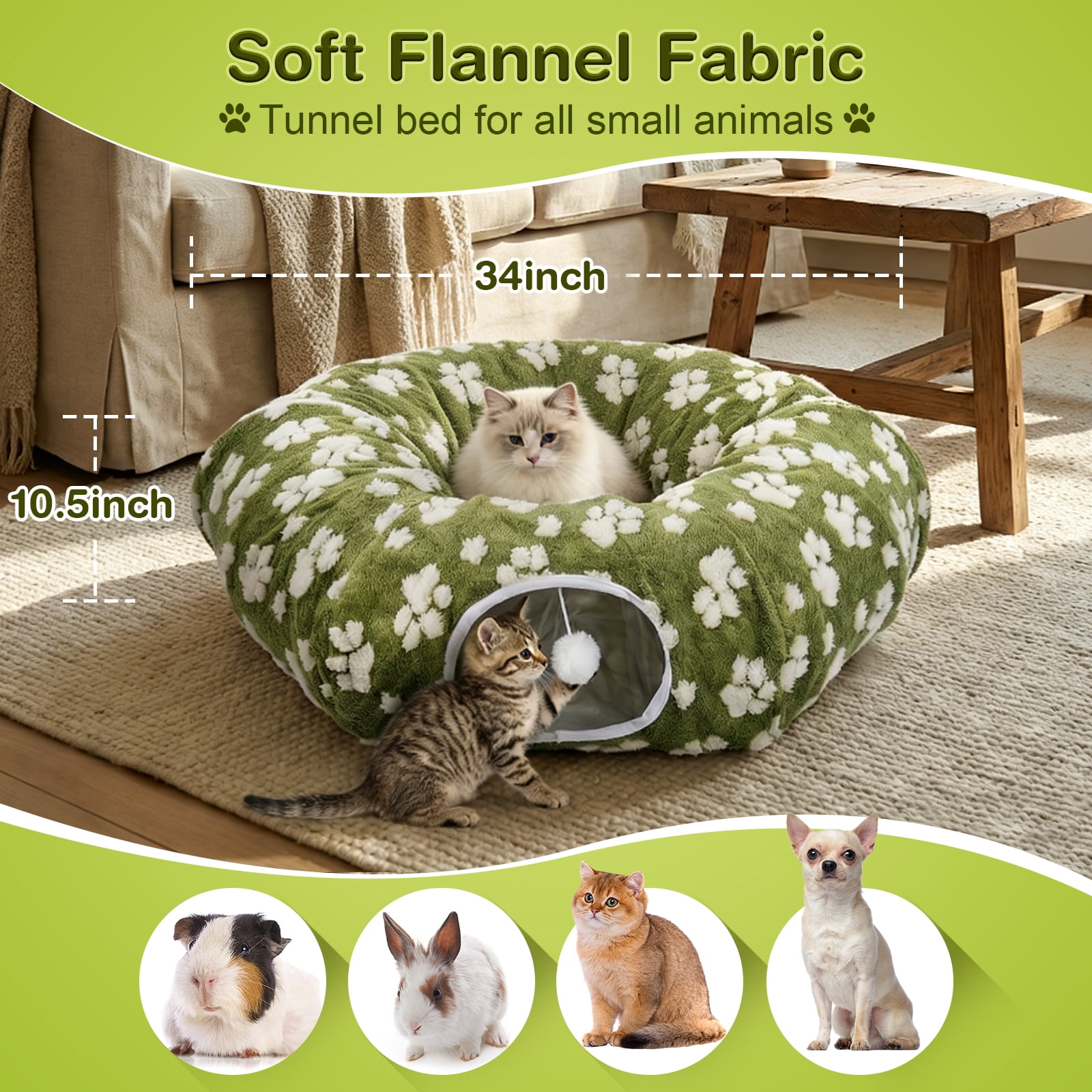 Hutact 3-in-1 Cat Tunnel with Cushion, 34" Soft Pet Bed Collapsible Plush Donut Cat Cave Hideaway, Multi-Shape Tunnel, Peekaboo Playground Toys for Indoor Cats Kittens Sleep Play Exercise, Green