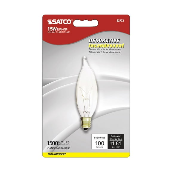Satco S3773 - 15 watt CA8 Incandescent; Clear; 1500 average rated hours; 100 lumens; Candelabra base; 120 volts; 2/Card