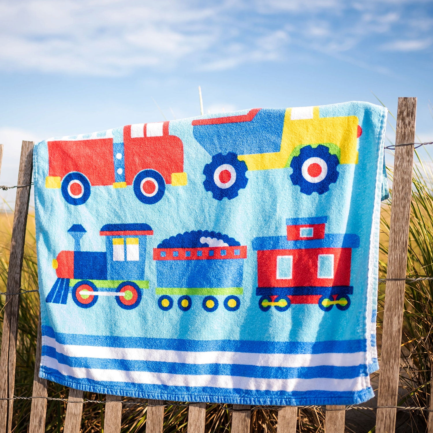 Wildkin Kids 100% Cotton Beach Towel for Boys and Girls (Trains, Planes & Trucks Blue)