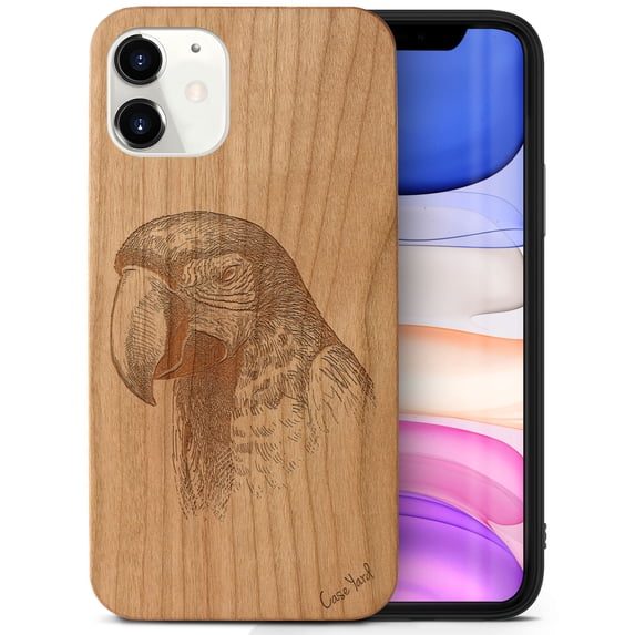 Case Yard Wooden Case Outside Soft TPU Silicone, Slim Fit Shockproof Wood Protective Phone Cover for Girls Boys Men and Women, Supports Wireless Charging Macaw Design case for iPhone-11